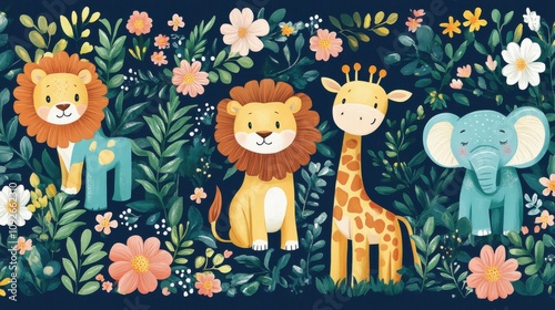 Playful jungle animals like monkeys, sloths, and crocodiles in a vibrant floral setting. Fun and cheerful vector illustration photo