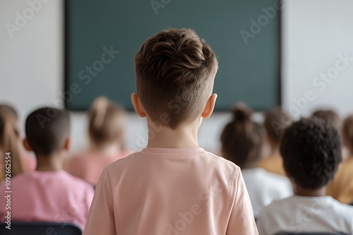 A young child observes a classroom of peers from the back, highlighting a learning environment.