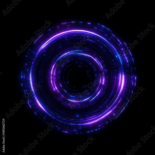 Futuristic Abstract Circular Neon Light Pattern with Glowing Particles Creating a Dynamic Wave in a Dark Background for Technology and Science Themes