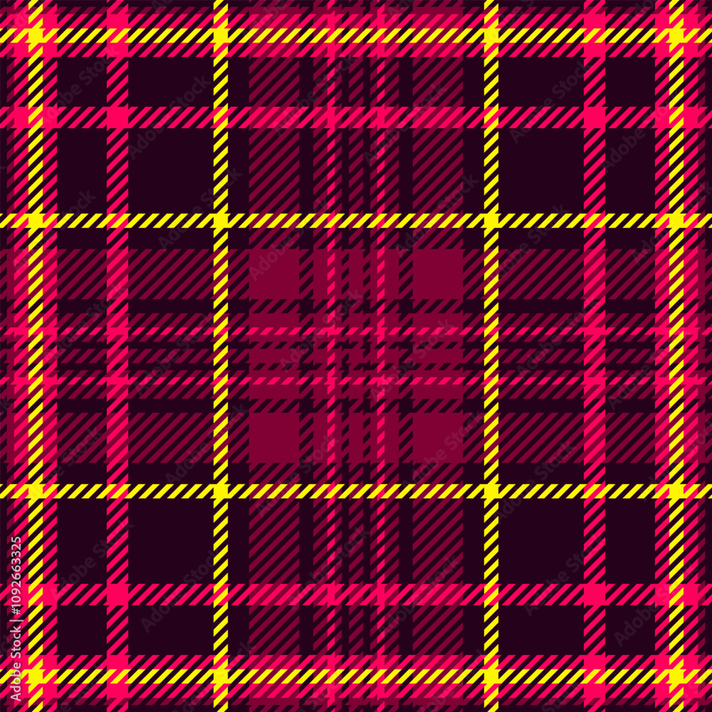 Craft fabric seamless texture, countryside textile tartan vector. Row check background plaid pattern in black and bright colors.