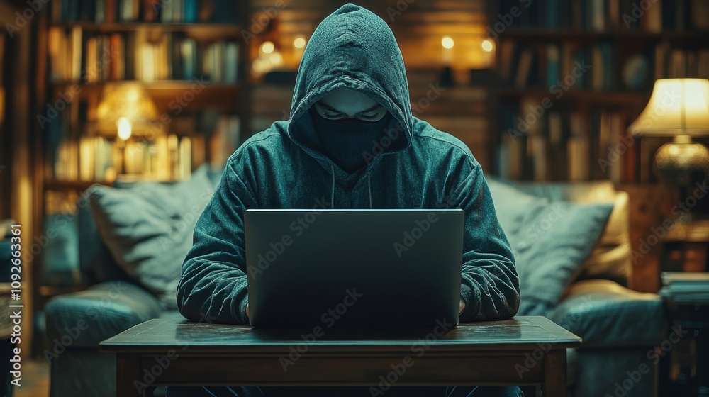 Hacker, scammer, in a hooded sweatshirt works on a laptop in a dimly lit setting, symbolizing cybercrime, hacking, anonymity, and digital security threats in a modern technological world. Hacker, scammer, in a hooded sweatshirt works on a laptop in a dimly lit setting, symbolizing cybercrime, hacking, anonymity, and digital security threats in a modern technological world.