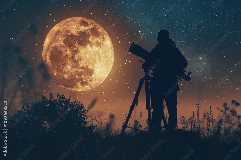 Fototapeta premium An astronomer with a portable telescope on a hill observes the starry sky