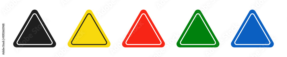 Set of triangular black, yellow, red, green and blue road signs. Vector illustration of icons for warning about the situation on the road. White isolated background. Set of triangular black, yellow, red, green and blue road signs. Vector illustration of icons for warning about the situation on the road. White isolated background.