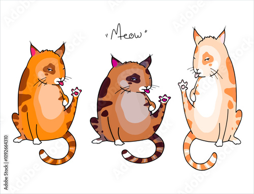 Cute cats from a set of vector cartoon characters in different poses. Postcard, logo, decor for printing.
