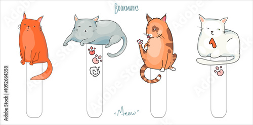 A set of bookmarks with cute vector cartoon cats in different poses. Accessories for study and hobbies.