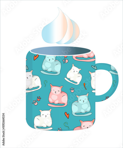 A cup with cute cats in different poses on a colored background. Coffee accessories. Vector.