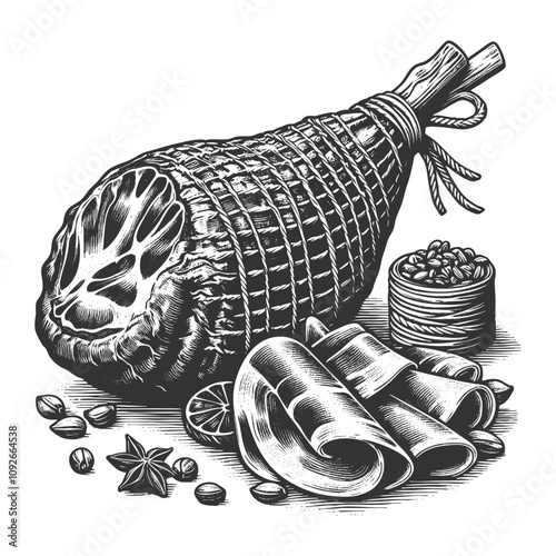 Spanish jamon cured ham surrounded by garlic, spices, and herbs, evoking rustic culinary charm sketch engraving generative ai vector illustration. Scratch board imitation. Black and white image.