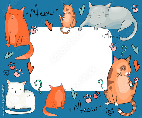 A colored background or frame with cute cats from a set of vector cartoon characters in different poses. Wallpaper, paper, packaging, interior design and fashion accessories