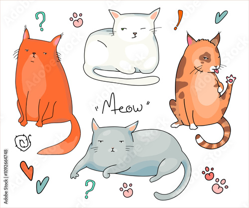 Cute cats from a set of vector cartoon characters in different poses. Postcard, logo, decor for printing.