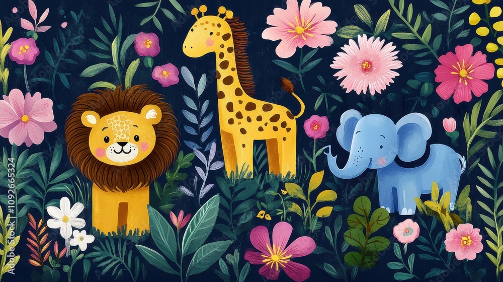 Fototapeta premium Playful jungle animals like monkeys, sloths, and crocodiles in a vibrant floral setting. Fun and cheerful vector illustration