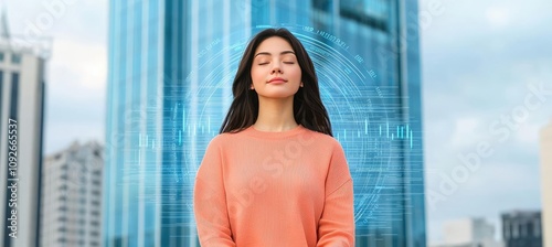 Woman meditating in urban setting, peaceful atmosphere with skyscrapers. Free Download Woman meditating in urban setting, peaceful atmosphere with skyscrapers. - GFXLoad