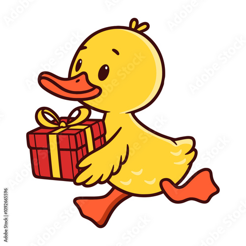 running duck with a gift box cute illustration