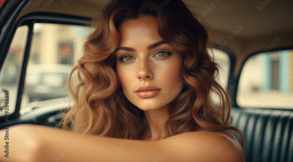 Beautiful woman with wavy hair in car