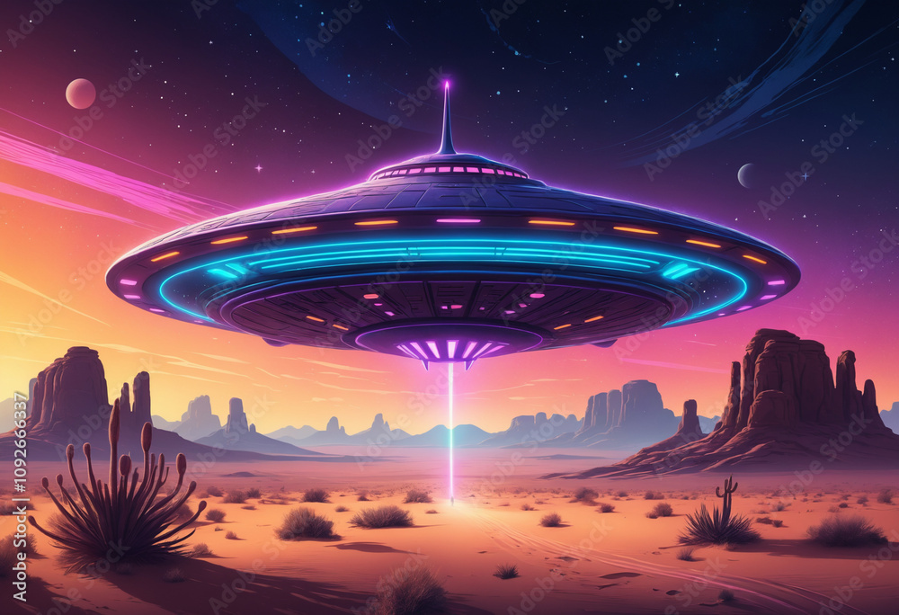 Vibrant UFO hovering over desert at sunset Vibrant UFO hovering over desert at sunset
