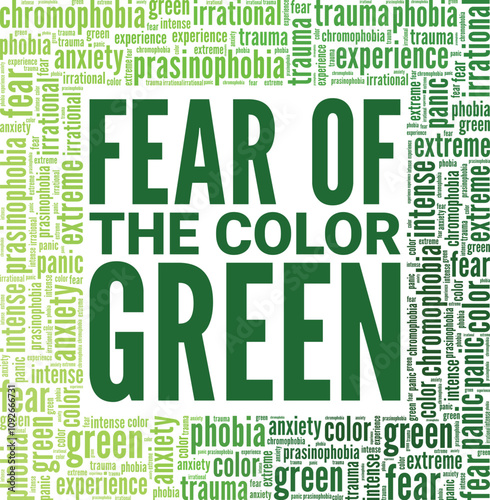 Prasinophobia: Fear of the Color Green word cloud conceptual design isolated on white background.