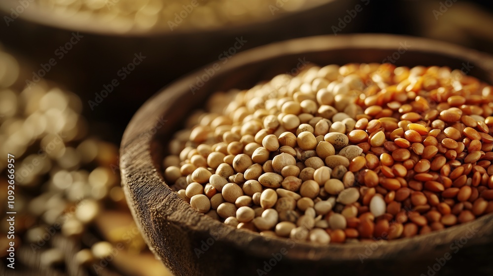 Obraz premium Wooden bowls filled with quinoa and lentils, symbolizing plant-based protein sources.