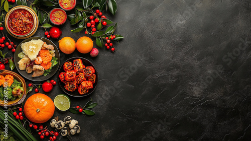  Vibrant holiday-themed food and decorations on a dark background, including fruits, spices, and festive elements for a cozy celebration.