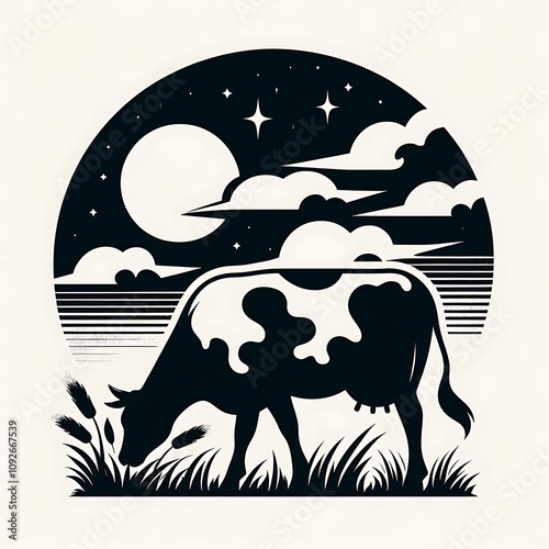 Silhouette of a cow grazing in a moonlit field at night.