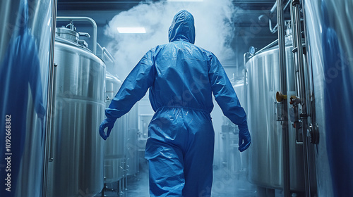 ndustrial professional in a blue protective suit inspecting large stainless steel tanks in a modern facility, emphasizing safety and precision. photo