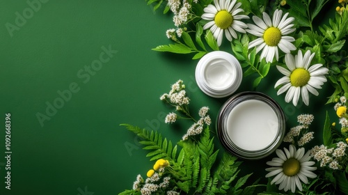 Natural Beauty Cream Surrounded by Fresh Greenery and White Daisies on a Dark Green Background, Showcasing Organic and Eco-Friendly Skincare Products photo