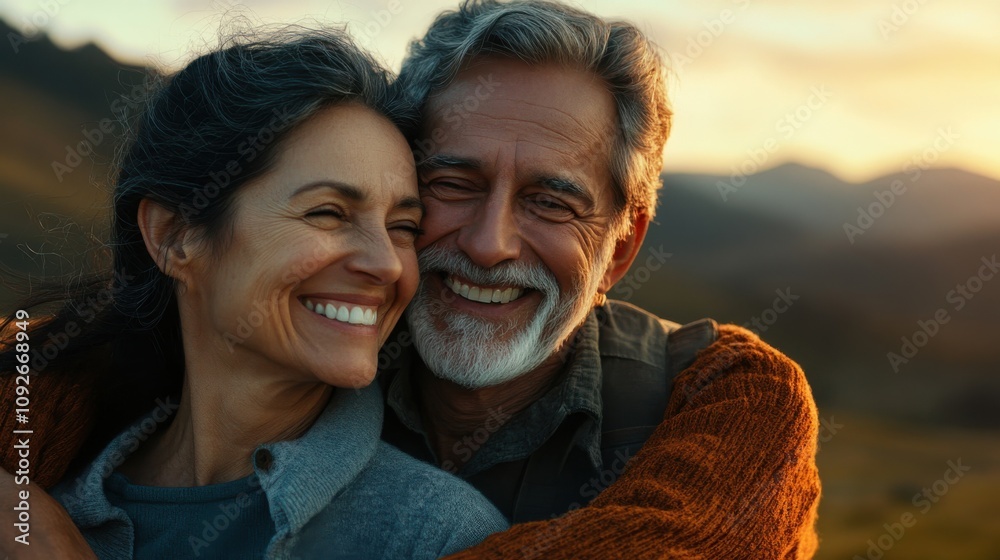 Fototapeta premium Couple enjoying a warm sunset embrace in a serene outdoor setting with natural beauty and happiness