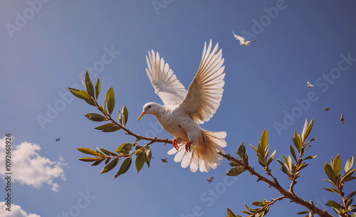 White dove is perched on a branch. There are other birds in the sky. The sky is blue and clear photo