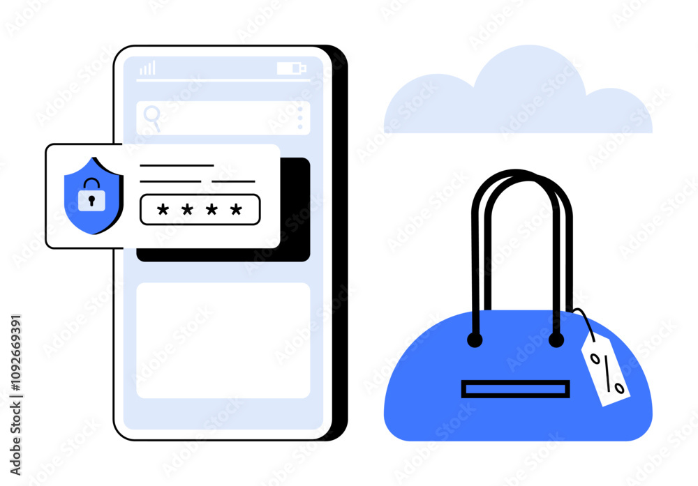 Mobile phone screen with security login pop-up next to a handbag with a price tag and cloud icon. Ideal for e-commerce, cybersecurity, mobile applications, online shopping, digital security, retail Mobile phone screen with security login pop-up next to a handbag with a price tag and cloud icon. Ideal for e-commerce, cybersecurity, mobile applications, online shopping, digital security, retail