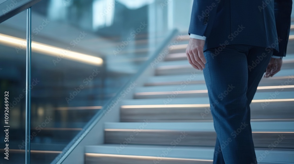 Obraz premium Business Professional Ascending Modern Stairs in Urban Office Environment, Symbolizing Progress, Success, and Ambition in Career Growth and Development