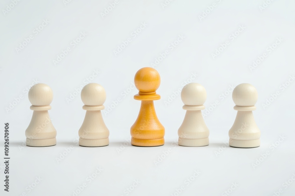 A single yellow chess pawn stands out among four white pawns, symbolizing uniqueness and strategy in a minimalist setting. A single yellow chess pawn stands out among four white pawns, symbolizing uniqueness and strategy in a minimalist setting.