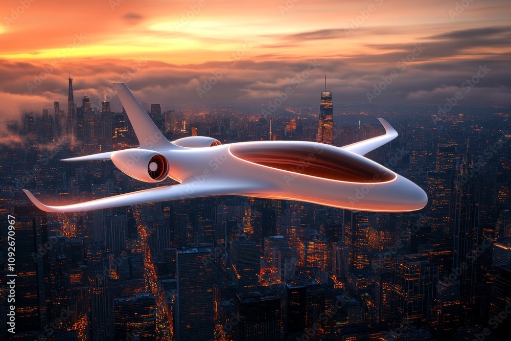 A futuristic concept airplane flying over a modern cityscape, with innovative aerodynamic design A futuristic concept airplane flying over a modern cityscape, with innovative aerodynamic design