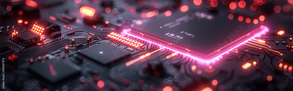 Futuristic Microchip Technology with Glowing Circuit Board in High-Tech Environment Futuristic Microchip Technology with Glowing Circuit Board in High-Tech Environment