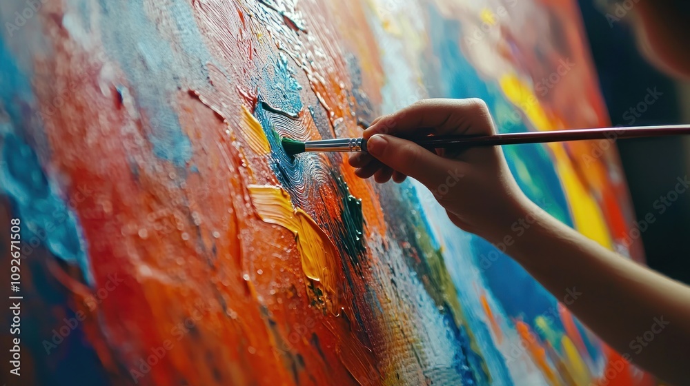 Close-up of a child’s hands painting a picture on a canvas