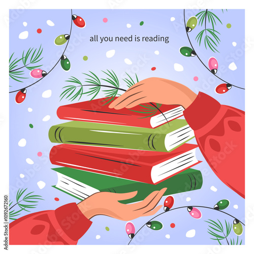 Banner for bookstore, library, sale in bookshop. Woman holding books. Books with winter decor. Vector illustration for poster, cover, marketing.
