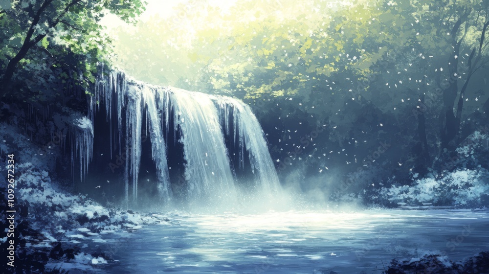 A Serene Waterfall Cascading into a Tranquil Forest Pool A Serene Waterfall Cascading into a Tranquil Forest Pool