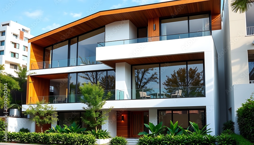 Fototapeta premium A sleek, modern two-story house with crisp white walls, warm wooden accents, and expansive windows that frame the lush greenery of a vibrant urban landscape.