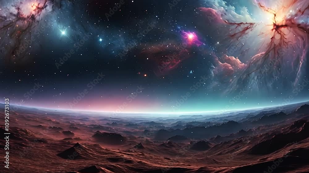 Animation A vast barren planet with rocky terrain and distant star clusters in deep space, creating a sci-fi landscape that evokes a sense of isolation and mystery in the cosmic expanse of the univers