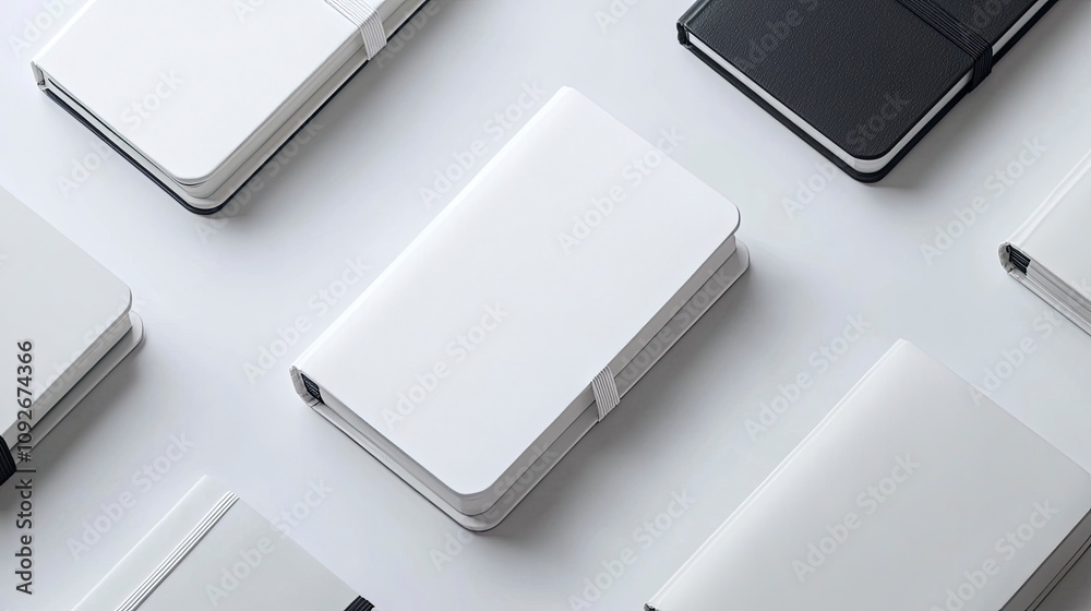 Mockup of closed white notepad with elastic band, organizer for notes, planning, daily. Set of hardcover notebooks, presentation diagonally, isolated on background. Mockup of closed white notepad with elastic band, organizer for notes, planning, daily. Set of hardcover notebooks, presentation diagonally, isolated on background.