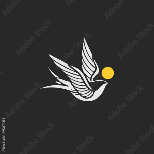 flying bird and sun vector art drawing