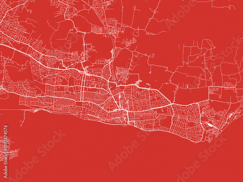 Christmas Map of Southend-on-Sea, United Kingdom in Snowy White on Festive Red Background. photo