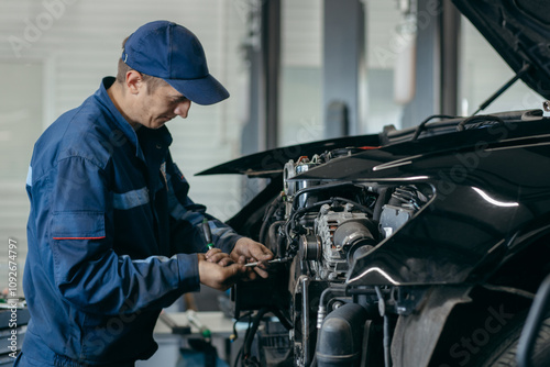 Auto mechanic repairs an engine. Replacing the timing chain