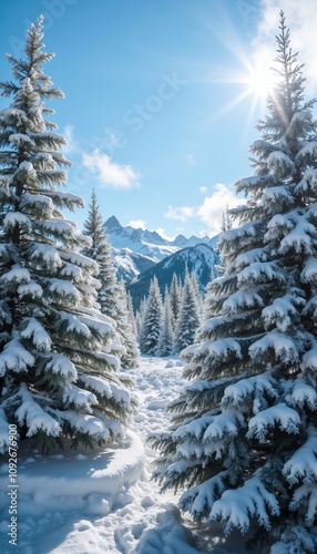 Snow-covered pine trees on mountain peaks under sunny blue sky. Snow on roof. Freshly cut tree.Picking a tree. Tree tied to car roof.  photo