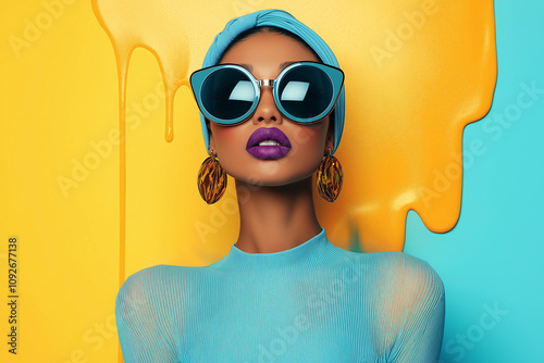 Vibrant fashion statement urban studio photography portrait colorful background close-up high fashion aesthetic