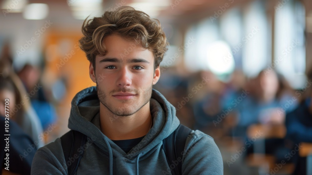 Obraz premium Intelligent-looking young male student, focused and determined, seated in a university classroom setting