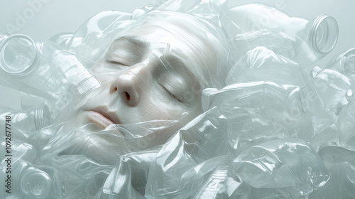 Artistic Representation of a Person Partially Submerged in Plastic Bottles, Highlighting Environmental Concerns About Waste and Pollution photo