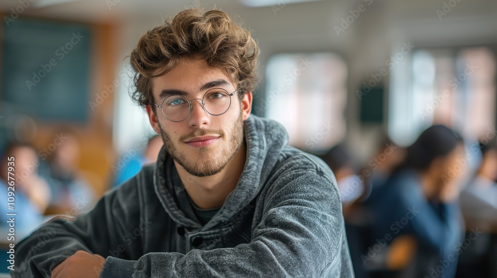 Intelligent-looking young male student, focused and determined, seated in a university classroom setting Intelligent-looking young male student, focused and determined, seated in a university classroom setting
