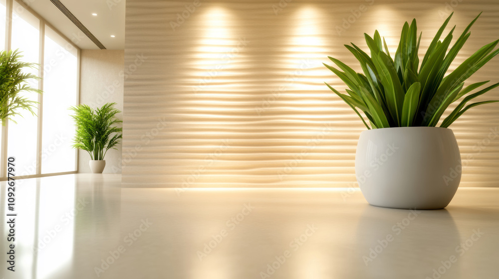 Modern Interior Design Featuring Elegant Plants in a Bright Space With Soft Lighting and Textured Walls Modern Interior Design Featuring Elegant Plants in a Bright Space With Soft Lighting and Textured Walls