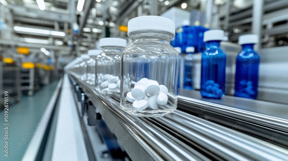 Bottles Filled With White Pills Move Along a Conveyor Belt in a Pharmaceutical Production Facility During Daytime Operations in a Modern Manufacturing Space Bottles Filled With White Pills Move Along a Conveyor Belt in a Pharmaceutical Production Facility During Daytime Operations in a Modern Manufacturing Space