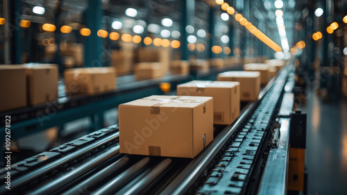 Efficient action in modern order fulfillment center warehouse industrial content high fidelity environment perspective on conveyor systems photo