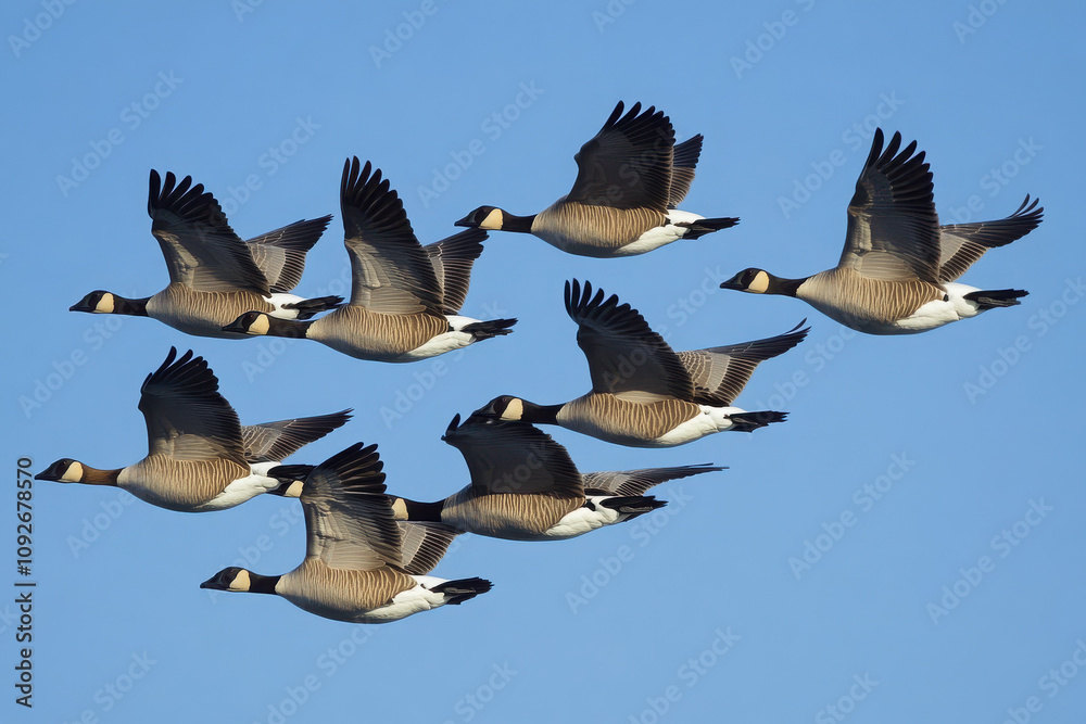 Fototapeta premium A formation of flying geese against a clear blue sky.