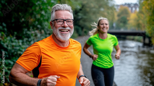 Smiling Older Man and Younger Woman Jogging Along a Scenic River Path During a Sunny Day in a Park Filled With Autumn Colors